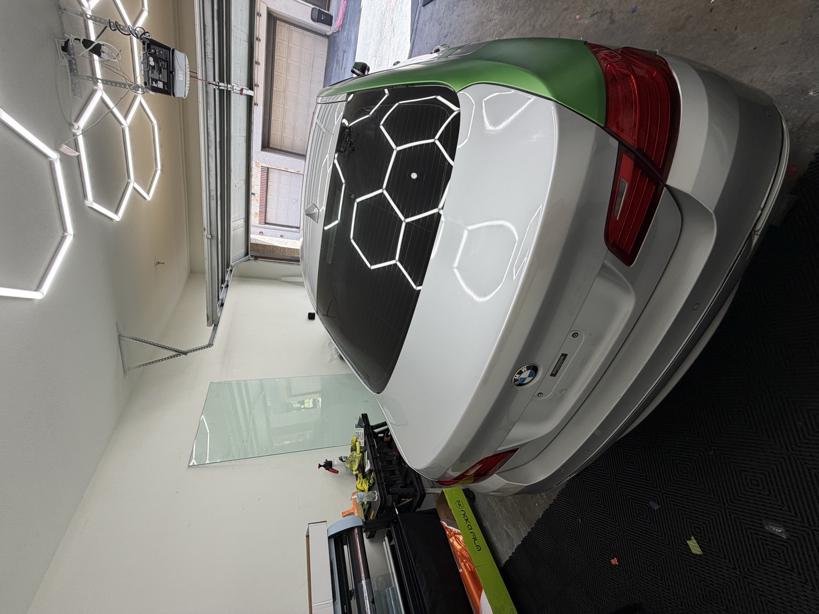 BMW mid color change wrap, silver turning satin green