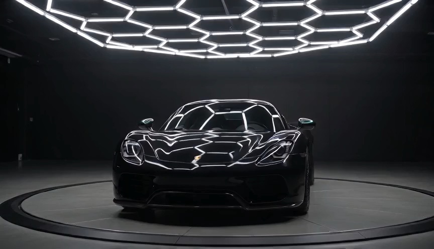 Glossy SUV under a hexagon LED array in the Detailz Plugg studio